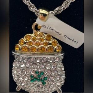 Irish NWT Necklace Green Shamrock Pot of Gold Killarney Crystal 26”